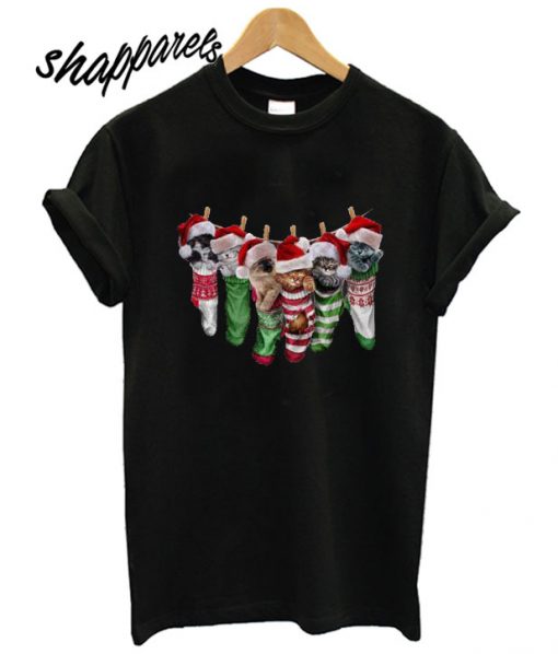 Cute Sleepy Santa Kittens in Christmas Socks T shirt