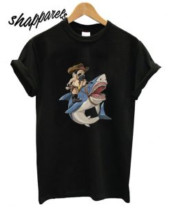 Cowboy Pug Riding Shark T shirt