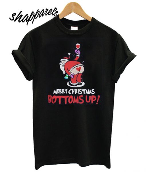 Santa Claus Wine Merry Christmas Bottoms Up T shirt