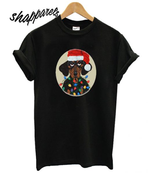 Dachshund Santa Tangled In Christmas Lights T shirt