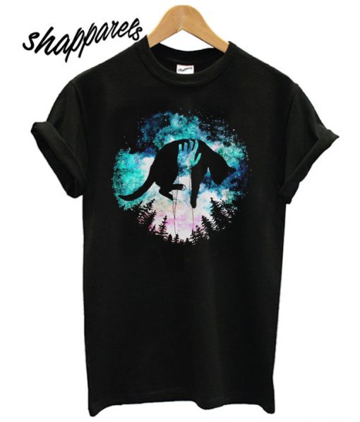 Black Cat Holding Forest Starry Night Version T shirt