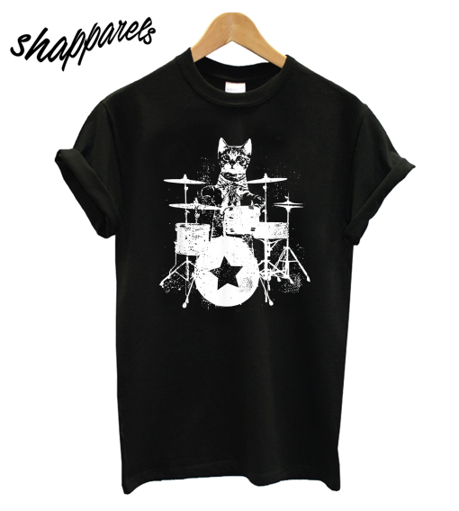 Punk Rockstar Kitten Kitty Cat Drummer Playing Drums T-Shirt