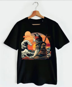 Retro samurai Cat With Wave T-shirt