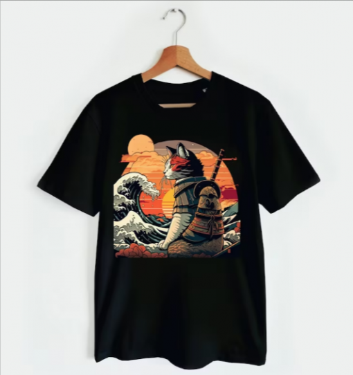 Retro samurai Cat With Wave T-shirt